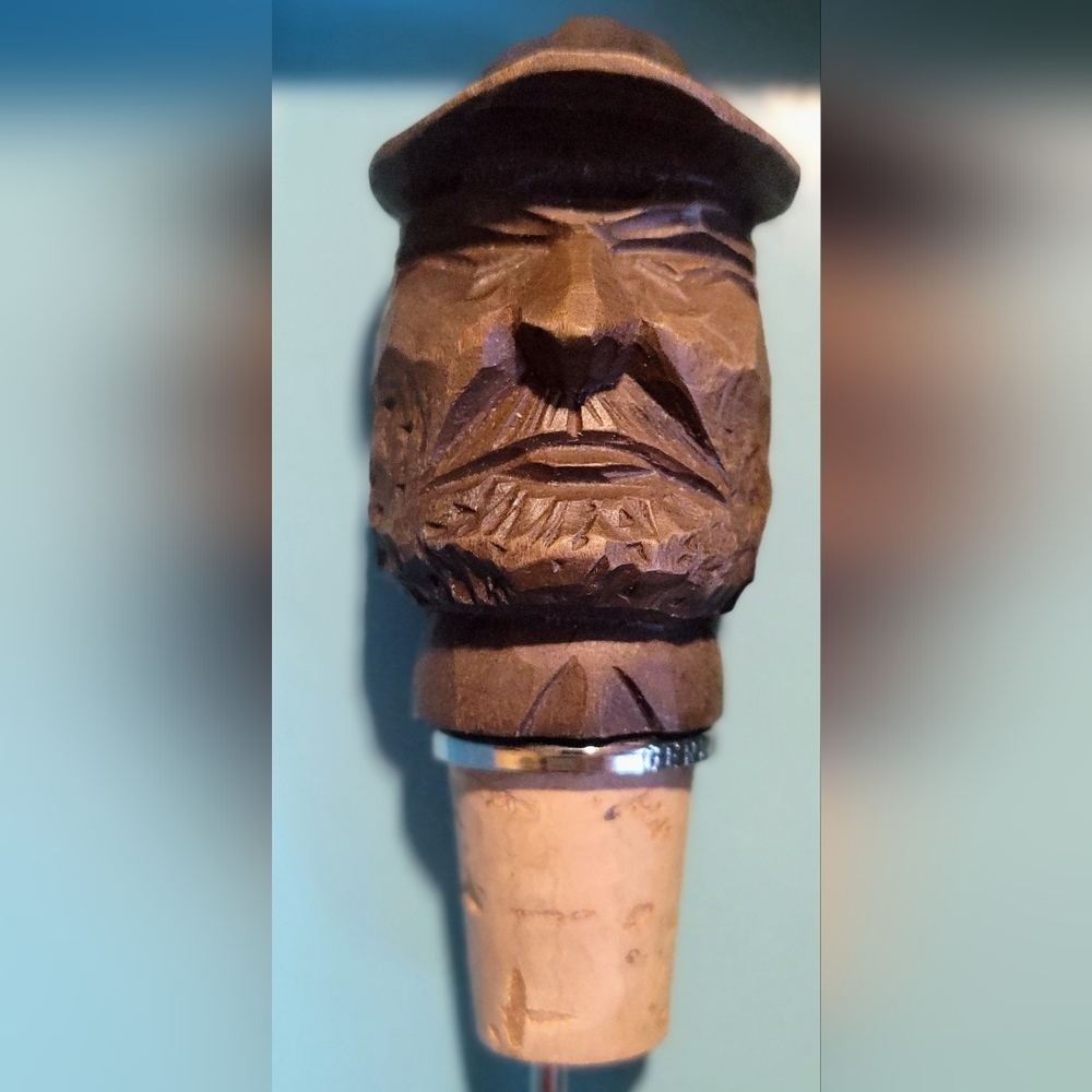 Hand Carved Antique German Fisherman Bottle Stopper - Brown